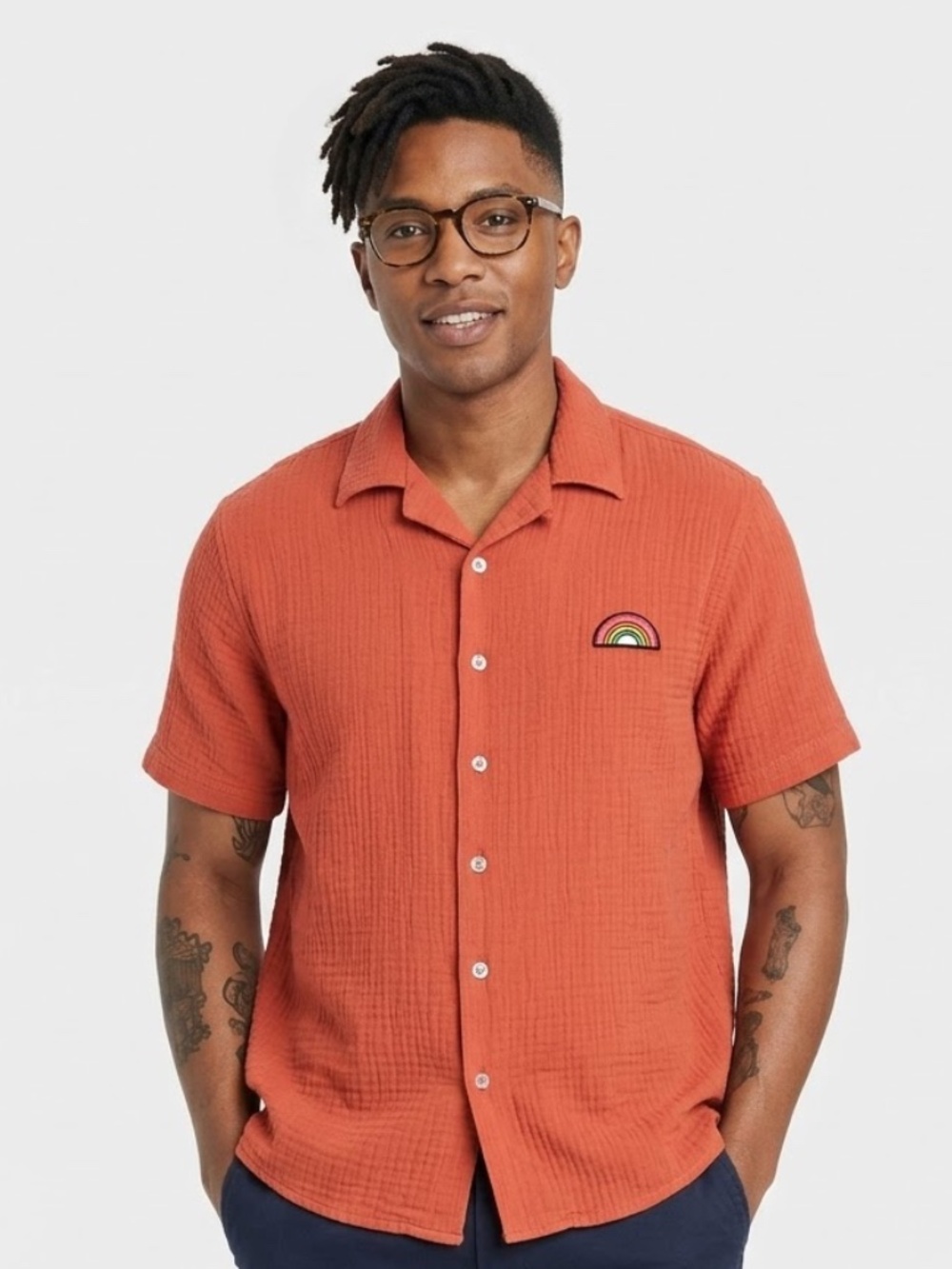 Men's Woven Short Sleeve Button Down Casual Fit Cotton Small Take Pride